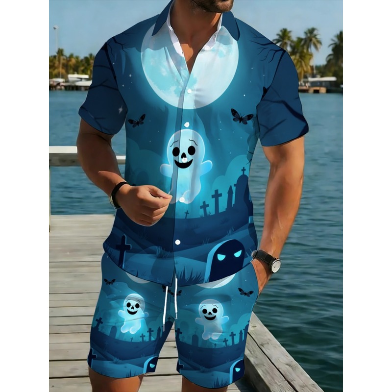 Event & Party Supply Photos - Premium tweedelige herenset met Halloween-print, shirt
